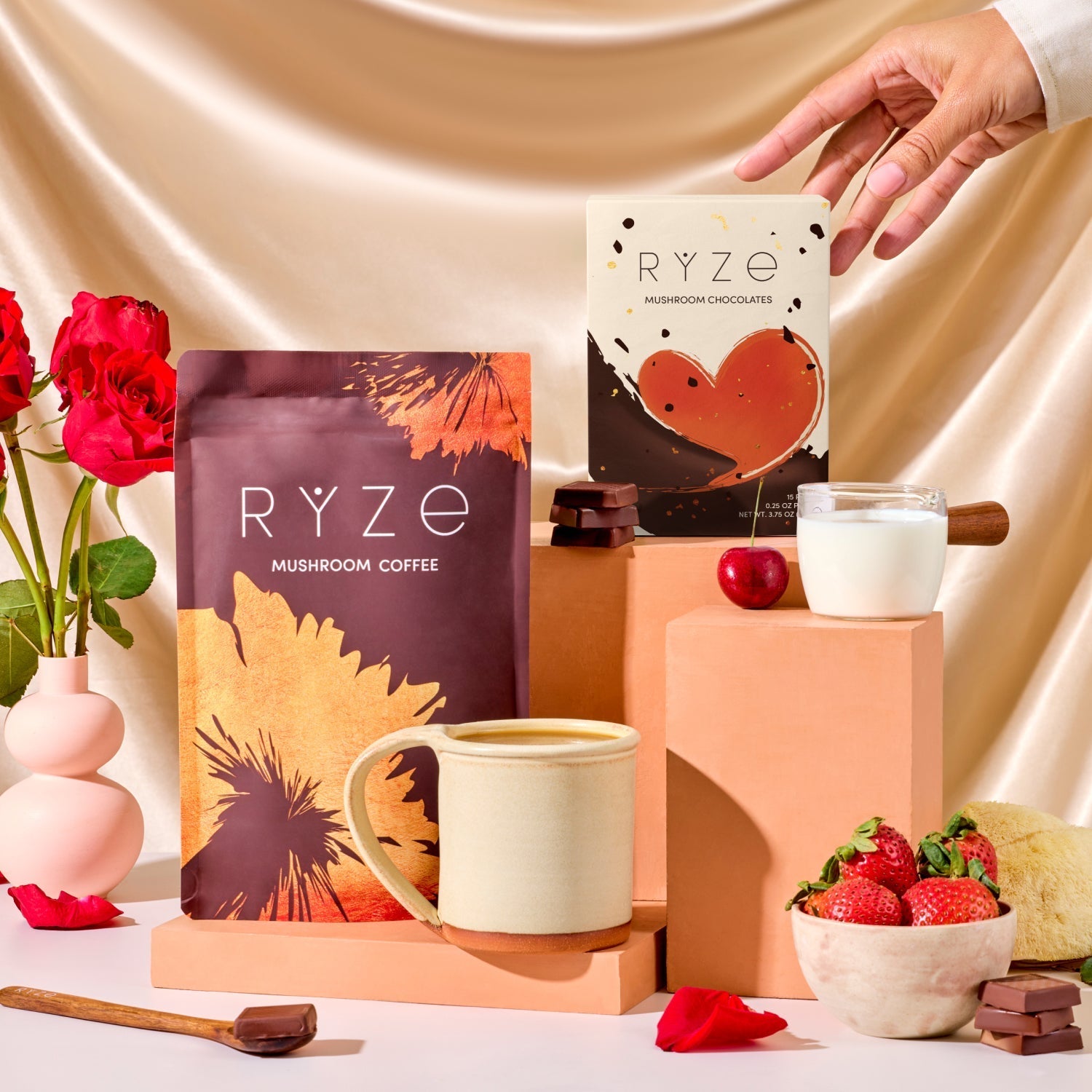 Flatlay with RYZE mushroom coffee