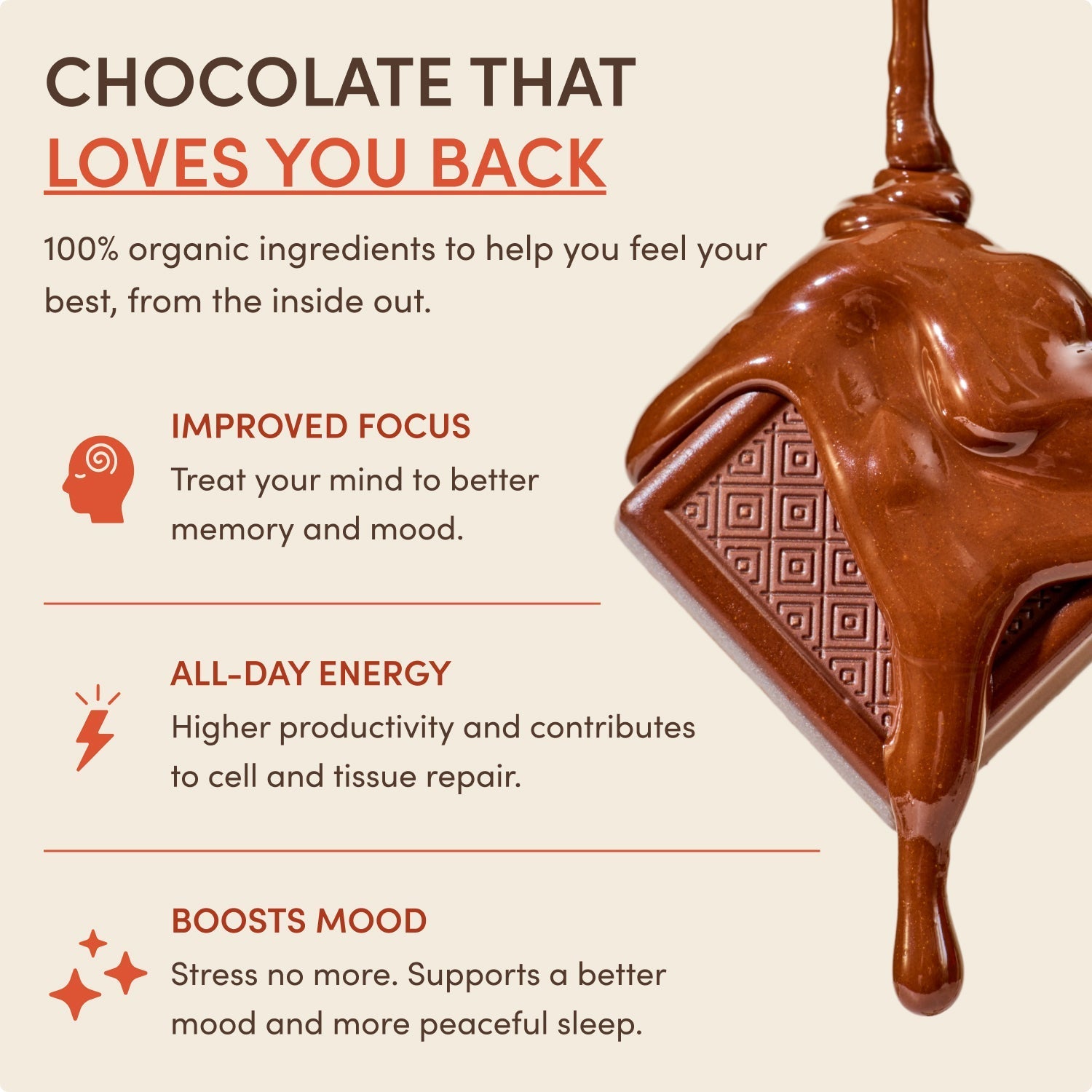 Text "CHOCOLATE THAT LOVES YOU BACK" showing chocolate drizzle and health benefit icons