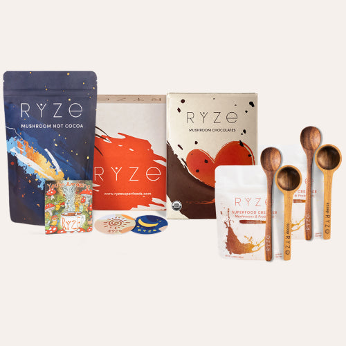 RYZE Chocolate Indulgence Bundle: Mushroom Hot Cocoa bag, RYZE recipe box, Mushroom Chocolates box, coaster, acacia scoop...