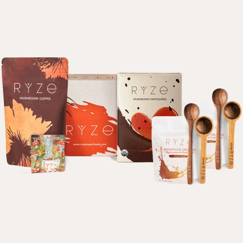 RYZE Revitalized Energy Bundle: Mushroom Coffee bag, Mushroom Chocolates box, recipe box, coaster, acacia scoop and spoon...