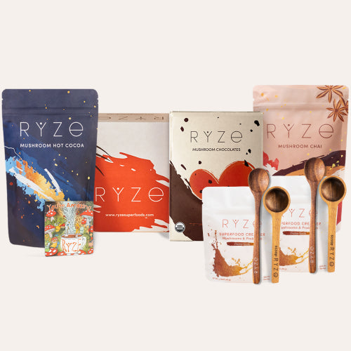 RYZE Ultimate Indulgence Bundle: Mushroom Multi Gummies, Hot Cocoa bag, recipe box, Mushroom Chocolates box, Mushroom...